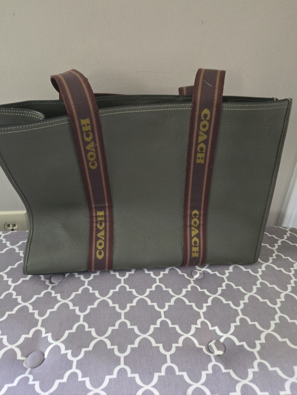 Coach Olive Green Leather Tote with Branded Burgundy Straps